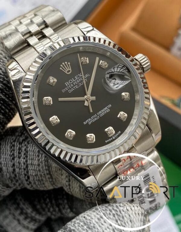 Rolex Saat Datejust Tırtıklı Çelik Bezel Taşlı Siyah Kadran Jubile Çelik Kordon