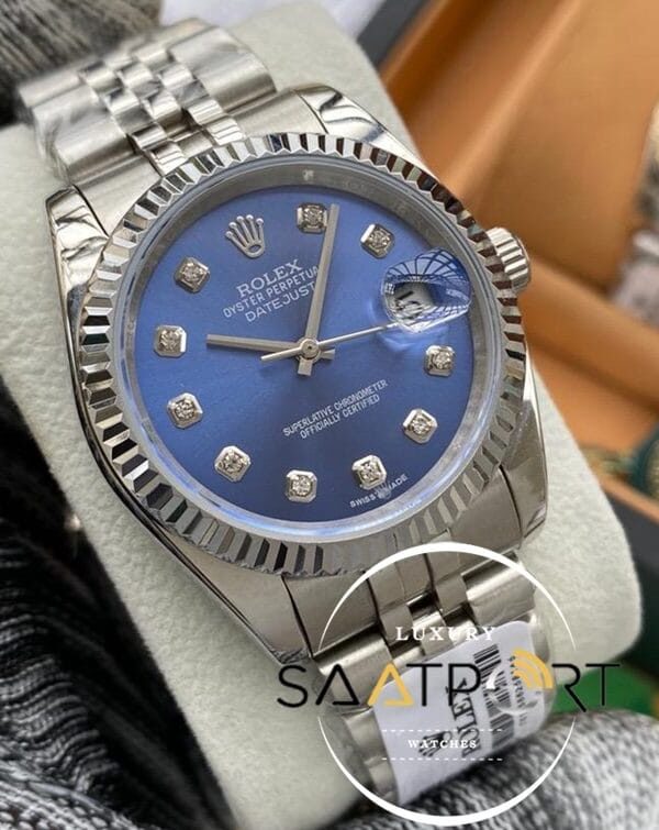 Rolex Saat Datejust Tırtıklı Çelik Bezel Taşlı Mavi Kadran Jubile Çelik Kordon