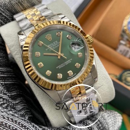 Rolex Saat Datejust Tırtıklı Gold Bezel Taşlı Yeşil Kadran Jubile Çelik Kordon