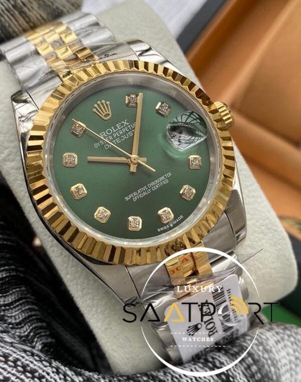 Rolex Saat Datejust Tırtıklı Gold Bezel Taşlı Yeşil Kadran Jubile Çelik Kordon