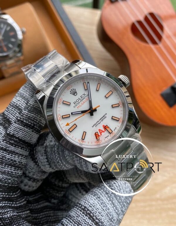 Rolex Milgauss 904L Çelik Kasa Beyaz Kadran Düz Çelik Bezel Otomatik Mekanizma