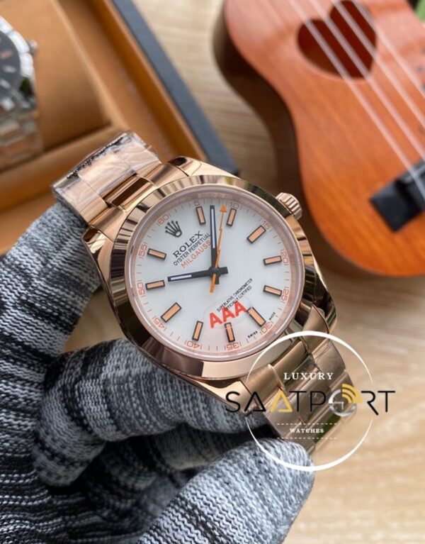 Rolex Milgauss 904L Rose Kasa Beyaz Kadran Düz Rose Çelik Bezel Otomatik