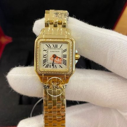 Cartier Panthere Taşlı Gold Bezel Roma Rakamlı Beyaz Kadran Çelik Kordon