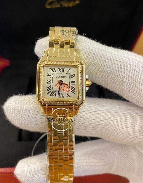 Cartier Panthere Taşlı Gold Bezel Roma Rakamlı Beyaz Kadran Çelik Kordon