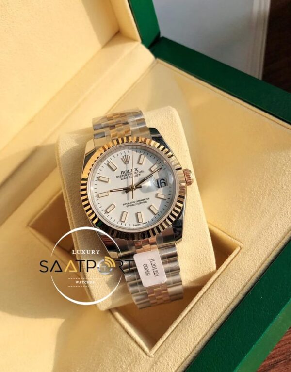 Rolex Datejust 126231 Tırtıklı Gold Bezel Beyaz Kadran Super Clone ETA