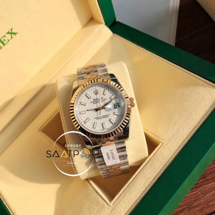 Rolex Datejust 126231 Tırtıklı Gold Bezel Beyaz Kadran Super Clone ETA