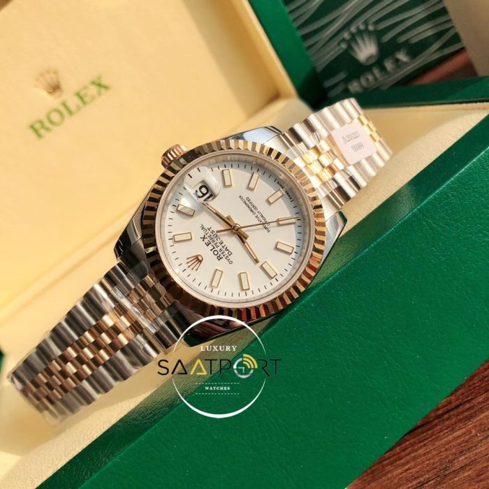 Rolex Datejust 126231 Tırtıklı Gold Bezel Beyaz Kadran Super Clone ETA