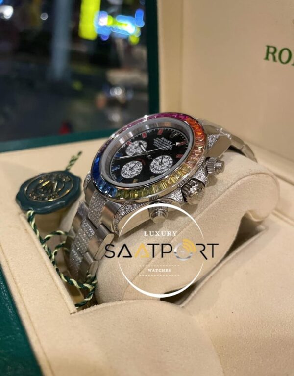 Rolex Cosmograph Daytona Rainbow Taşlı Bezel Siyah Kadran Super Clone Eta