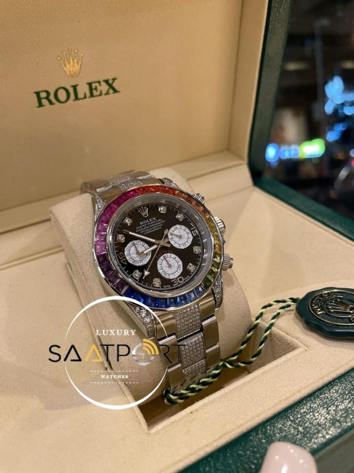 Rolex Cosmograph Daytona Rainbow Taşlı Bezel Siyah Kadran Super Clone Eta