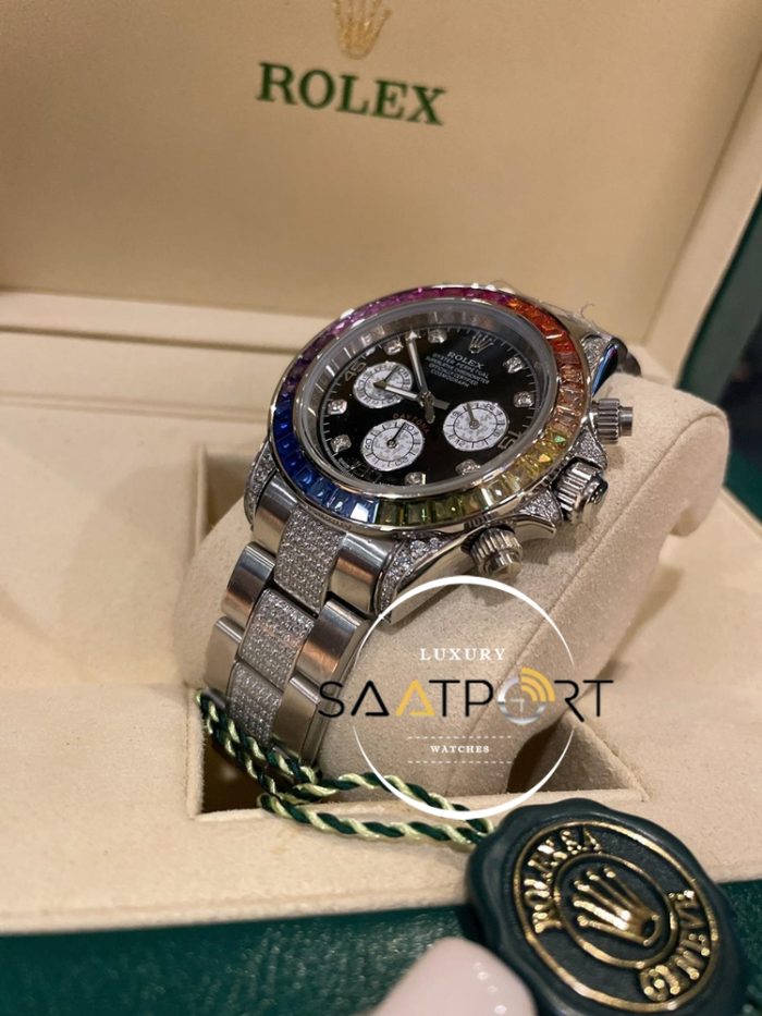 Rolex Cosmograph Daytona Rainbow Taşlı Bezel Siyah Kadran Super Clone Eta