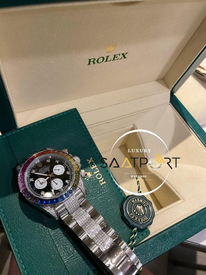 Rolex Cosmograph Daytona Rainbow Taşlı Bezel Siyah Kadran Super Clone Eta