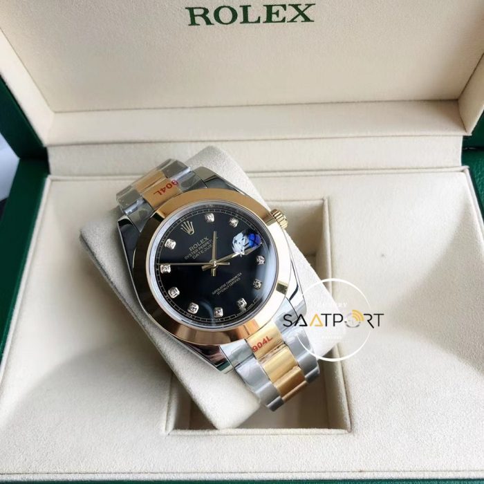 Rolex Datejust II 126303 Taşlı Siyah Kadran Düz Gold Bezel Oyster Çelik Kordon