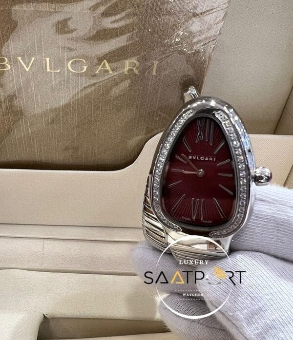Bvlgari Yılan Serpenti Taşlı Gümüş Kasa Roma Rakamlı Bordo Kadran