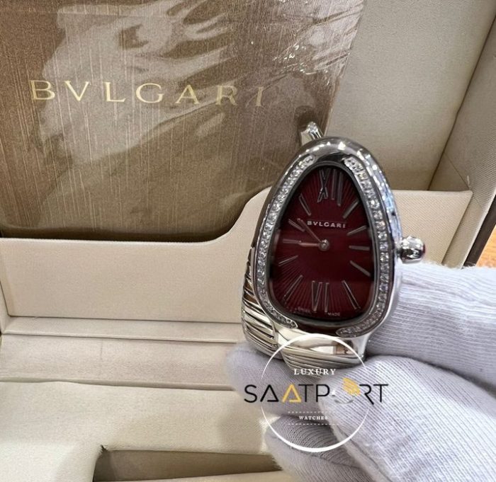 Bvlgari Yılan Serpenti Taşlı Gümüş Kasa Roma Rakamlı Bordo Kadran