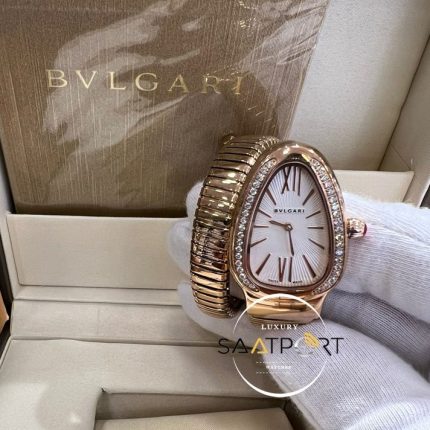 Bvlgari Serpenti Gold Kasa Baget Taşlı Roma Rakamlı Beyaz Kadran