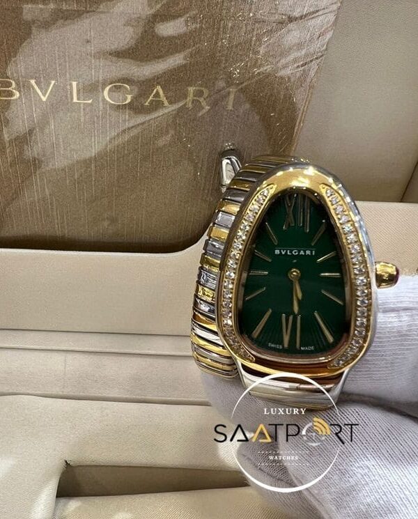 Bvlgari Serpenti Taşlı Gold Bezel Roma Rakamlı Yeşil Kadran