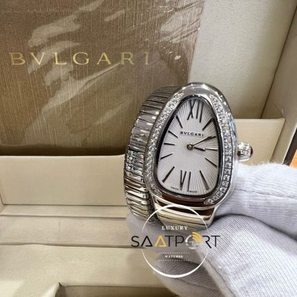 Bvlgari Serpenti Taşlı Gümüş Bezel Roma Rakamlı Beyaz Kadran