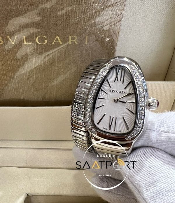 Bvlgari Serpenti Taşlı Gümüş Bezel Roma Rakamlı Beyaz Kadran