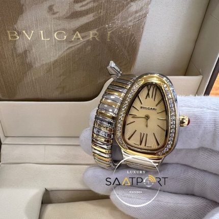 Bvlgari Taşlı Gold Bezel Serpenti Modeli Roma Rakamlı Sarı Kadran