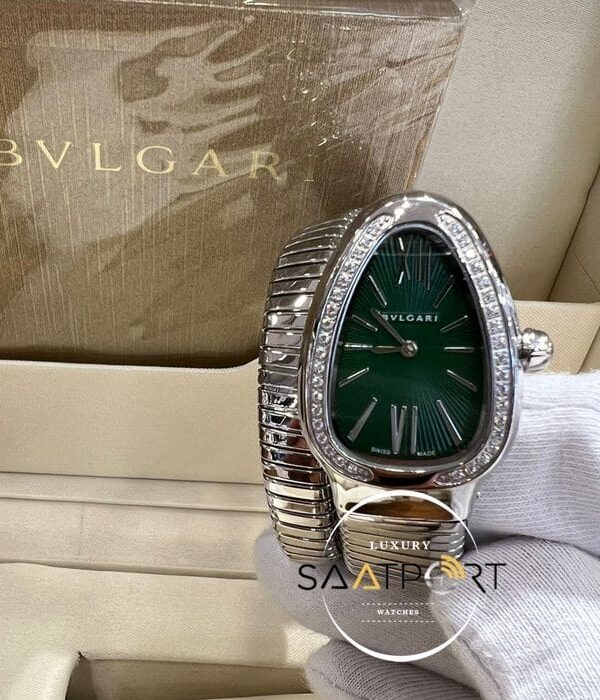 Bvlgari Gümüş Serpenti Serisi Taşlı Bezel Yeşil Kadran