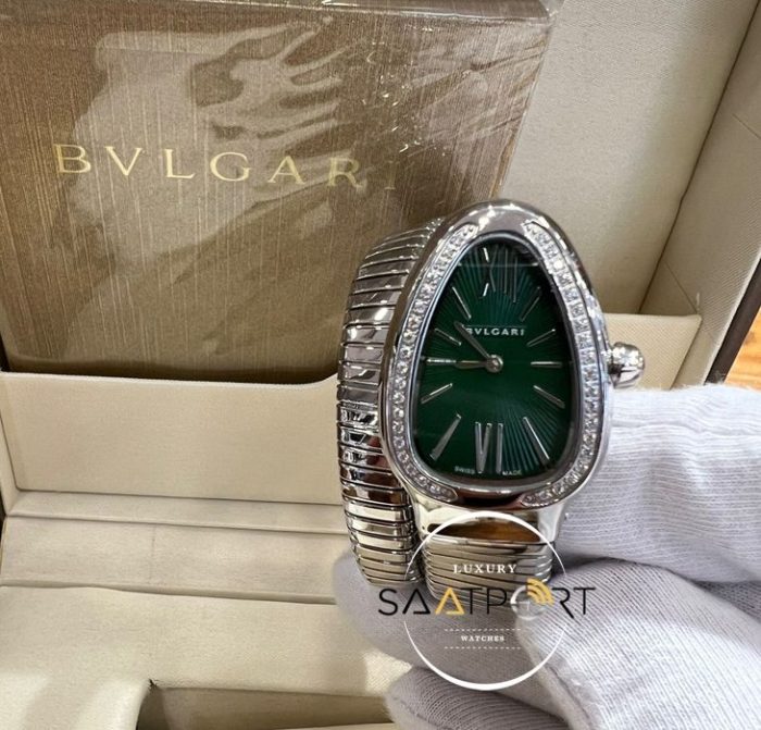 Bvlgari Gümüş Serpenti Serisi Taşlı Bezel Yeşil Kadran