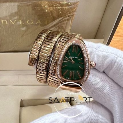 Bvlgari Serpenti Baget Taşlı Gold Kasa Roma Rakamlı Yeşil Kadran