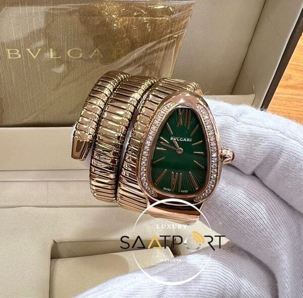 Bvlgari Serpenti Baget Taşlı Gold Kasa Roma Rakamlı Yeşil Kadran