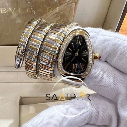 Bvlgari Serpenti Baget Taşlı Gold Gümüş Kasa Roma Rakamlı Siyah Kadran