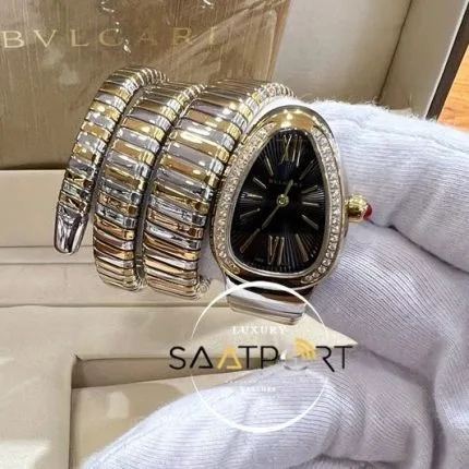 Bvlgari Serpenti Baget Taşlı Gold Gümüş Kasa Roma Rakamlı Siyah Kadran
