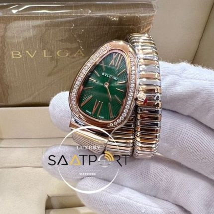 Bvlgari Yılan Serpenti Baget Taşlı Gold Gümüş Kasa Yeşil Kadran