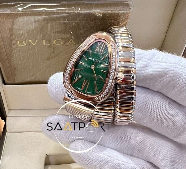 Bvlgari Yılan Serpenti Baget Taşlı Gold Gümüş Kasa Yeşil Kadran