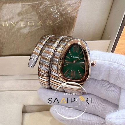 Bvlgari Yılan Serpenti Rose Gümüş Kordon Roma Rakamlı Yeşil Kadran