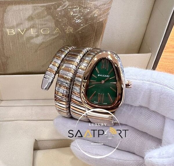 Bvlgari Yılan Serpenti Rose Gümüş Kordon Roma Rakamlı Yeşil Kadran