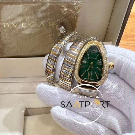 Bvlgari Serpenti Yılan Serisi Gold Gümüş Kordon Roma Rakamlı Yeşil Kadran