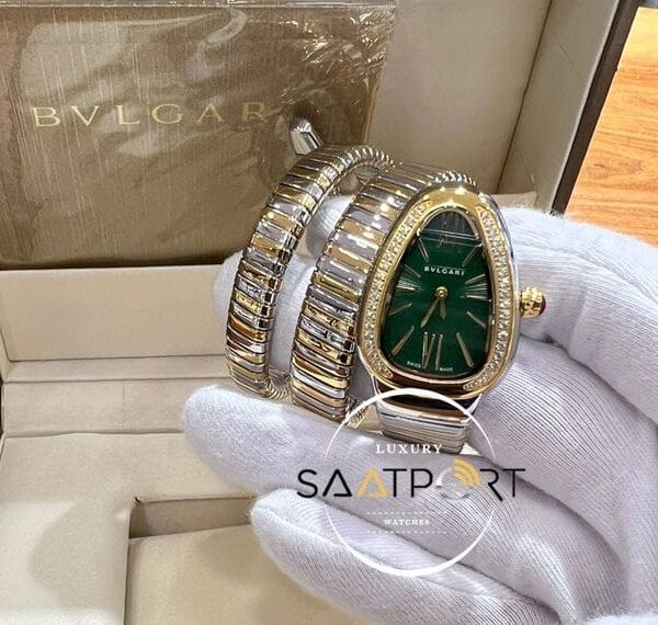 Bvlgari Serpenti Yılan Serisi Gold Gümüş Kordon Roma Rakamlı Yeşil Kadran