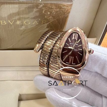 Bvlgari Serpenti Yılan Modeli Roma Rakamlı Kahve Kadran Gold Kordon