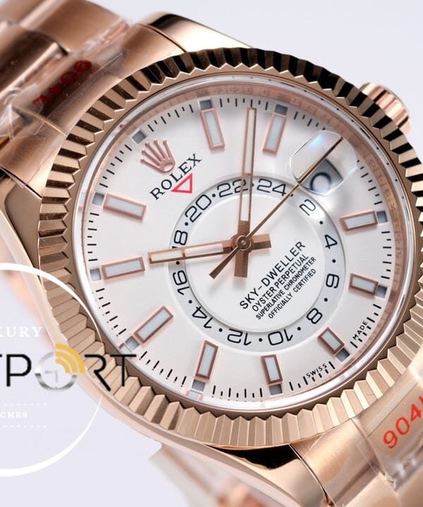 Rolex Sky-Dweller 42mm 904L Rose Çelik Kasa Beyaz Kadran Super Clone 9001 ETA