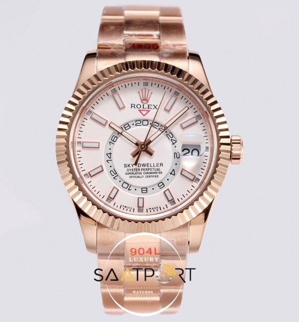 Rolex Sky-Dweller 42mm 904L Rose Çelik Kasa Beyaz Kadran Super Clone 9001 ETA