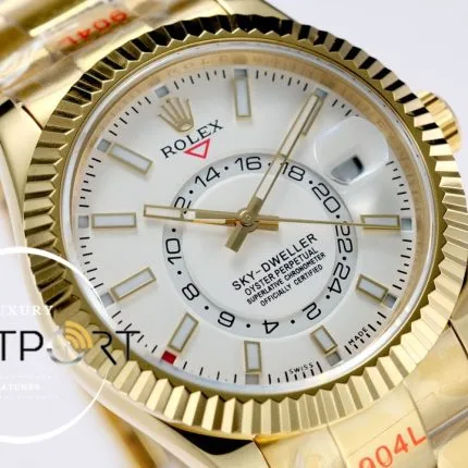 Rolex Sky-Dweller 42mm Beyaz Kadran Tırtıklı Gold Bezel 904L Çelik Super Clone 9001 ETA