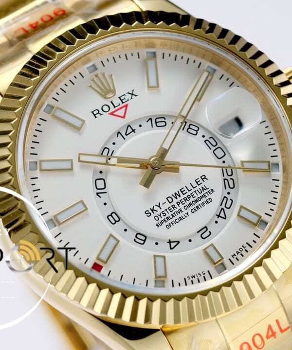 Rolex Sky-Dweller 42mm Beyaz Kadran Tırtıklı Gold Bezel 904L Çelik Super Clone 9001 ETA