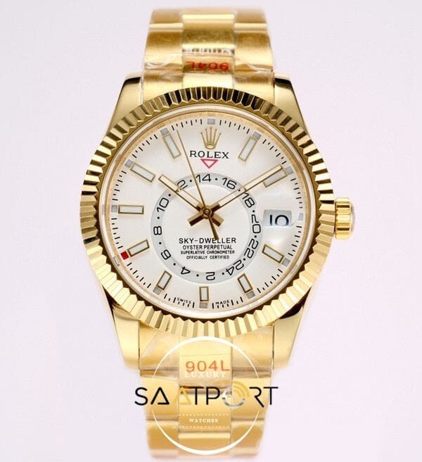 Rolex Sky-Dweller 42mm Beyaz Kadran Tırtıklı Gold Bezel 904L Çelik Super Clone 9001 ETA