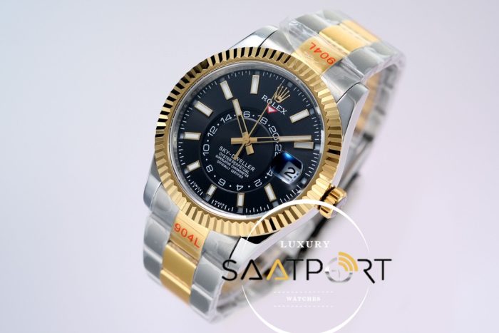 Rolex Sky-Dweller 42mm Gold Bezel Siyah Kadran 904L Çelik Super Clone 9001 ETA