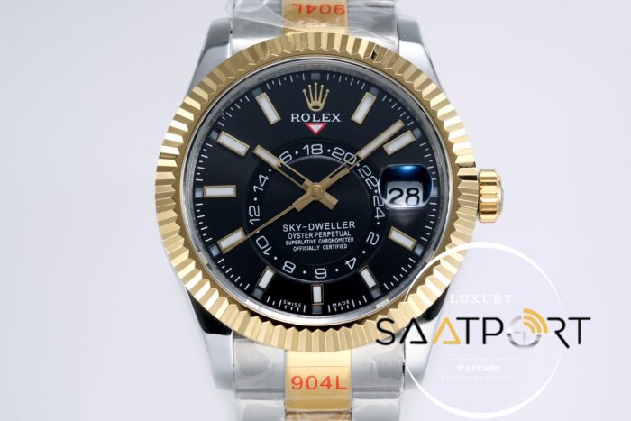 Rolex Sky-Dweller 42mm Gold Bezel Siyah Kadran 904L Çelik Super Clone 9001 ETA