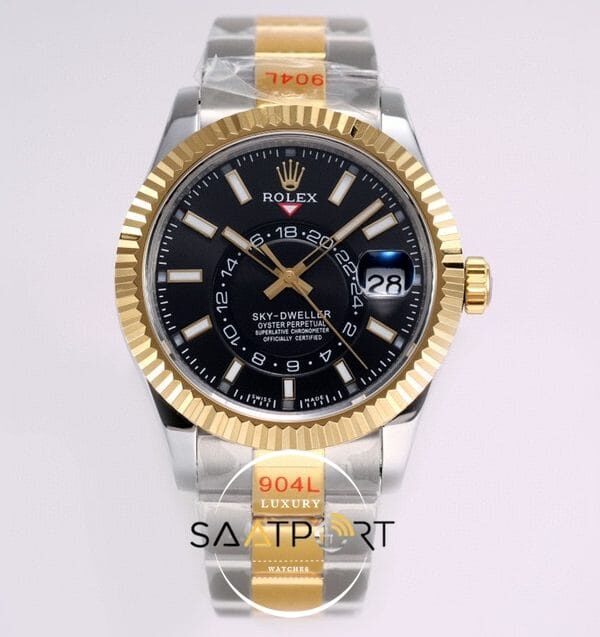 Rolex Sky-Dweller 42mm Gold Bezel Siyah Kadran 904L Çelik Super Clone 9001 ETA