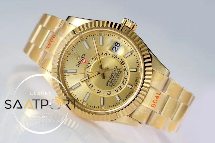 Rolex Sky-Dweller 42mm Gold Kadran Tırtıklı Bezel 904L Çelik Super Clone 9001 ETA
