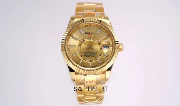 Rolex Sky-Dweller 42mm Gold Kadran Tırtıklı Bezel 904L Çelik Super Clone 9001 ETA