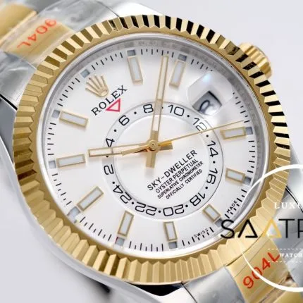 Rolex Sky-Dweller Beyaz Kadran Gold Bezel 904L Çelik Kasa 42mm Super Clone 9001 ETA