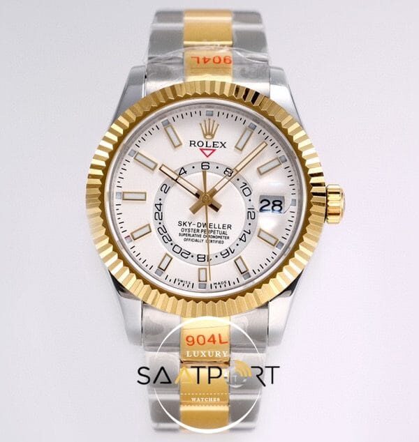 Rolex Sky-Dweller Beyaz Kadran Gold Bezel 904L Çelik Kasa 42mm Super Clone 9001 ETA