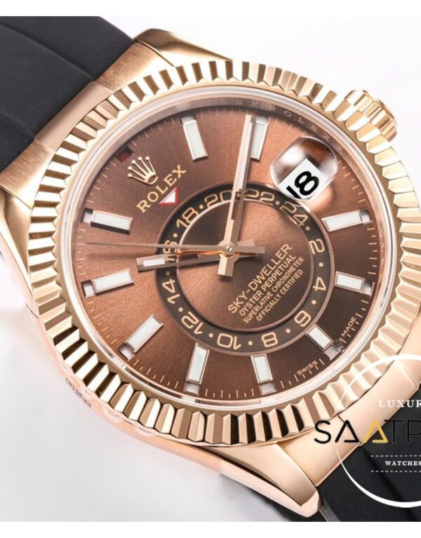 Rolex Sky-Dweller Kahverengi Kadran 904L Rose Çelik Kasa 42mm Super Clone 9001 ETA