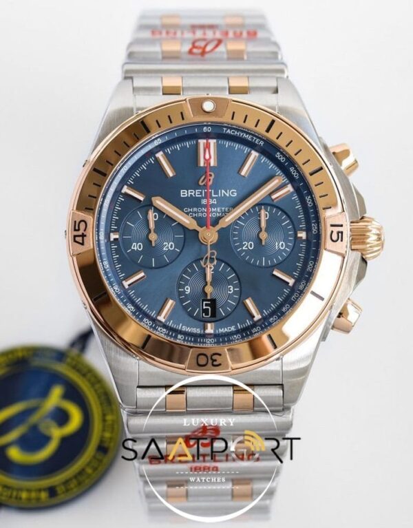 Yeni Breitling Chronomat B01 42mm Mavi Kadran Gold Bezel ETA